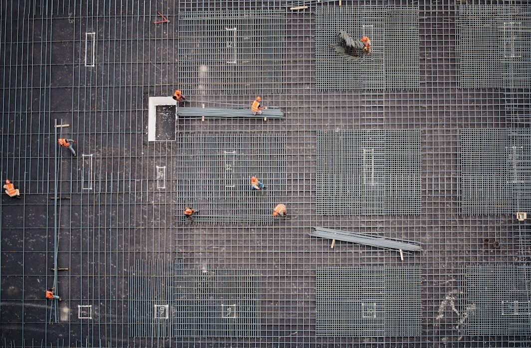 A photo of a construction site taken from a higher building.